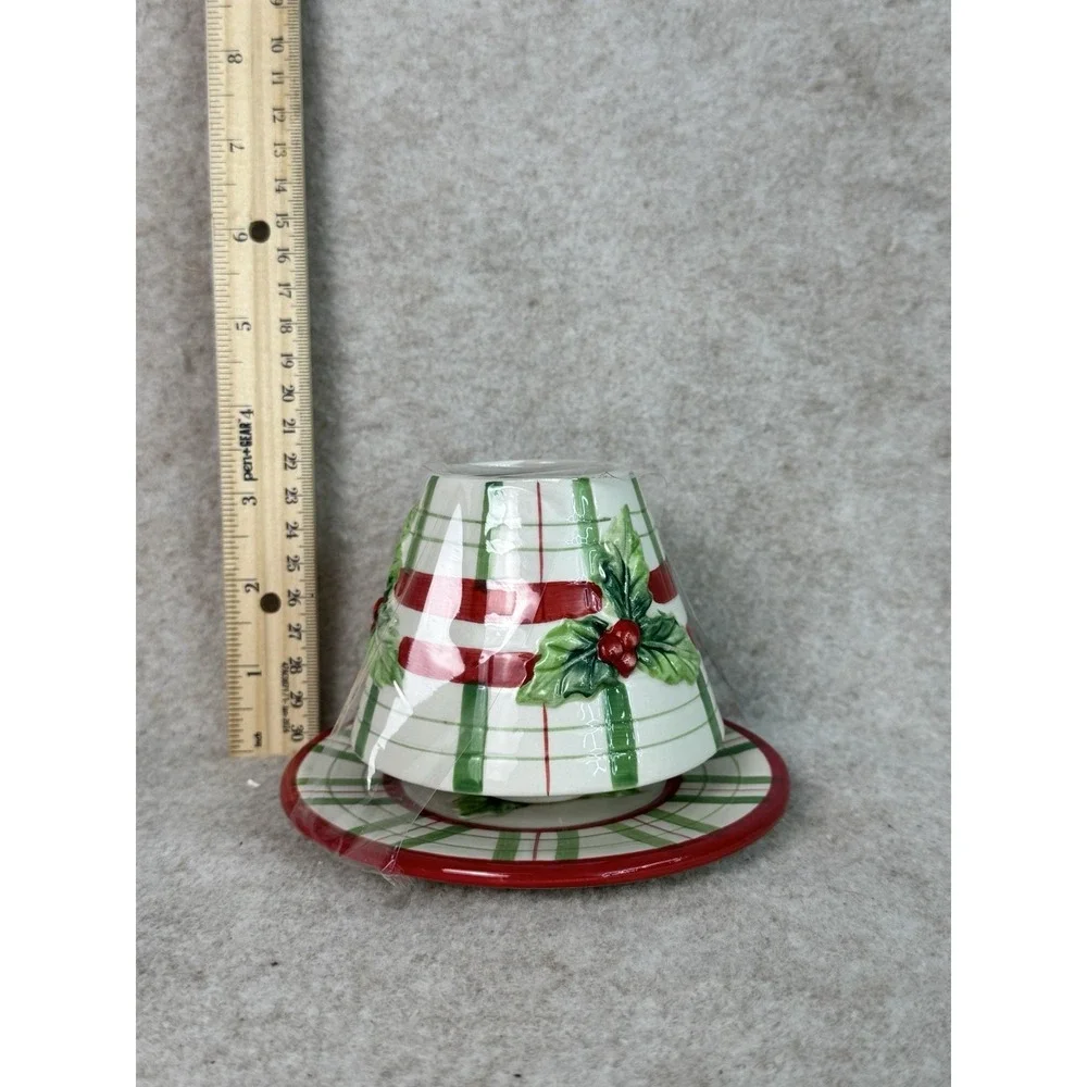 Red, White & Green Plaid Ceramic Jar Candle Lamp & Underplate W/ Holly Motif 3 ½